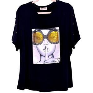 Graphic Shhh Black Tshirt Sequin T-shirt Size 5XL